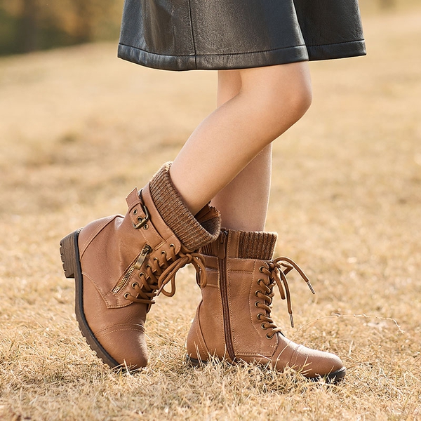 Girl's Mid Calf Combat Boots - CAMEL - 4